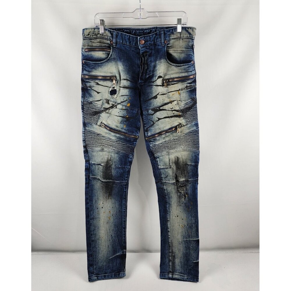 Rockstar Jeans Mens 34 Blue Splatter Biker Moto Button Fly Denim (34x34)